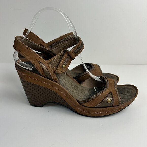 Privo Sandals Brown Wedge Slingback Heels Leather Peep Toe Comfort - Picture 5 of 13